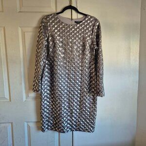 LAUREN Ralph lauren Silver Sequin Diamond long sleeve cocktail dress 12